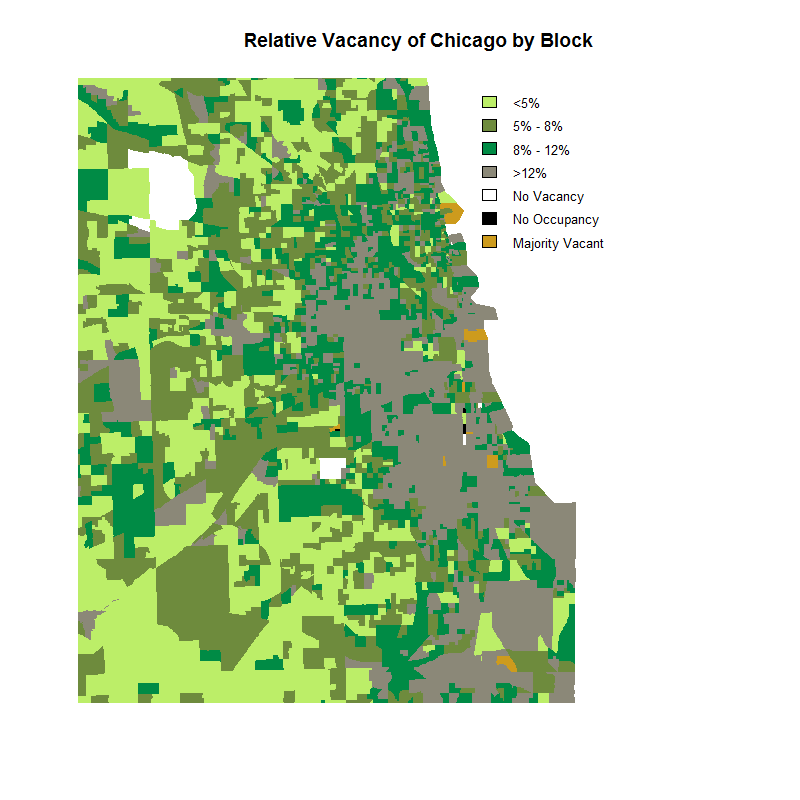 Vacancy increases entering downtown areas of Chicago. This is most likely from people renting and moving around.