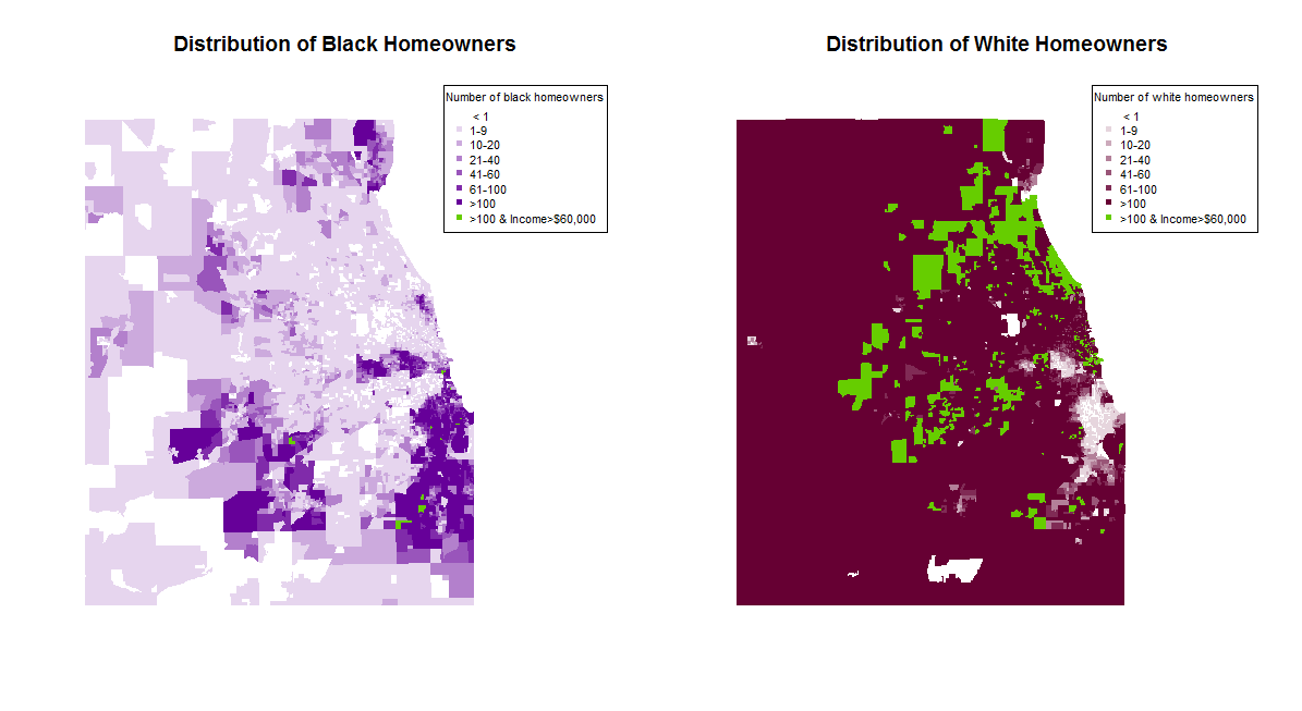 Black homeowners seem to circle around downtown. There are many white homeowners with high incomes, but not so much for black homeowners.