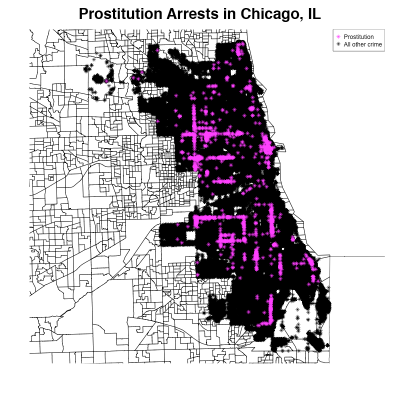 A graph that shows prostitution clustering along streets.